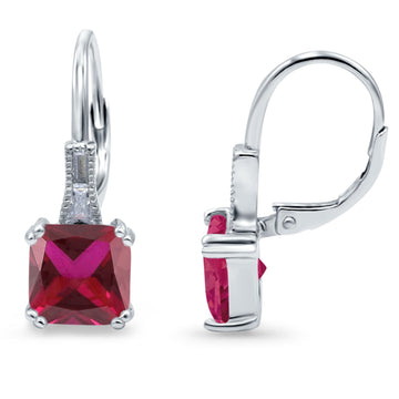 Cushion Cut Dangling Leverback Wedding Earrings Simulated Ruby CZ 925 Sterling Silver (15mm)